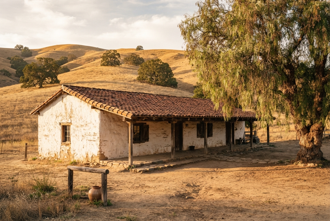 An 1840s California rancho adobe with a tile roof under a pepper tree