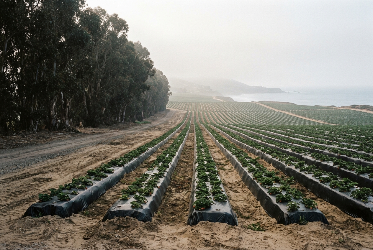 Strawberry rows under a eucalyptus windbreak in morning fog
