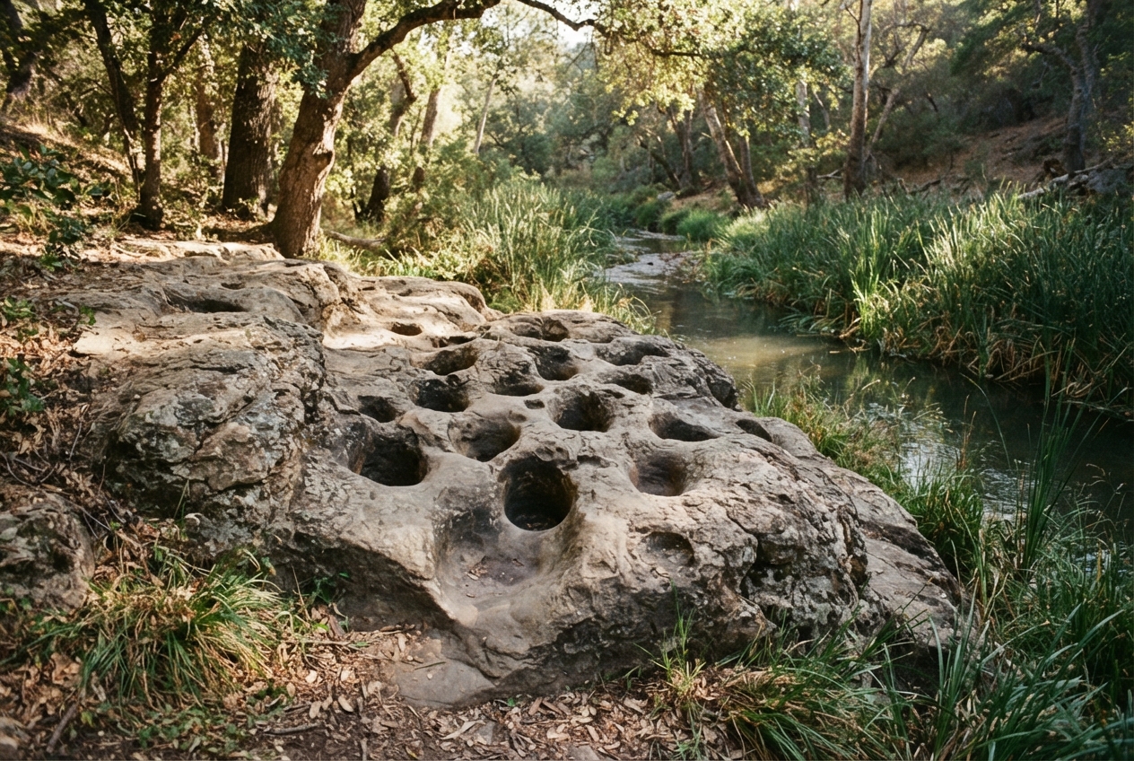 Bedrock mortar holes in sandstone beside a creek under oaks