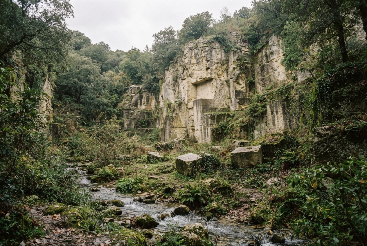 An abandoned tuff stone quarry face with cut blocks in an oak canyon