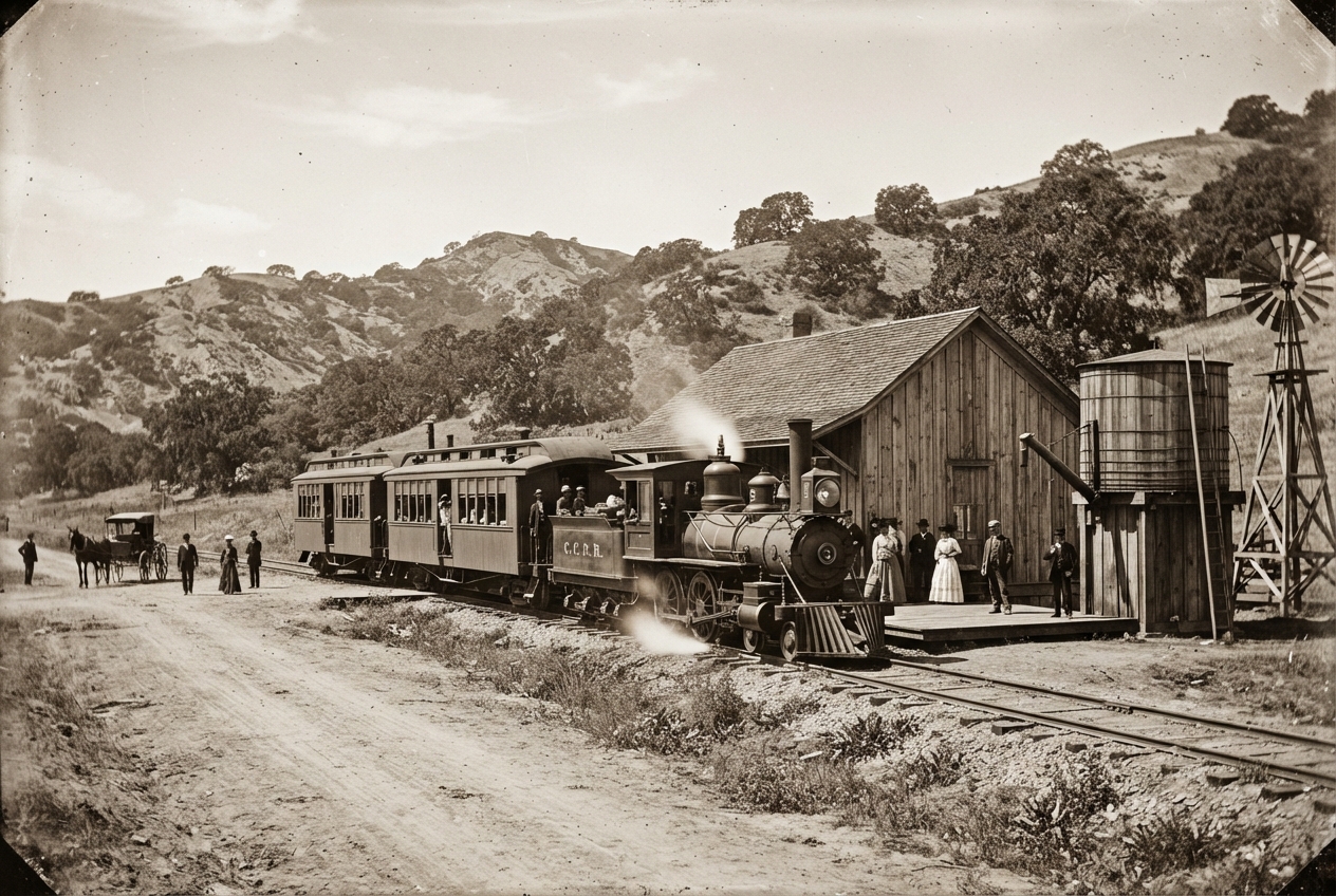A narrow-gauge steam train at a small wooden depot in oak country, 1890s