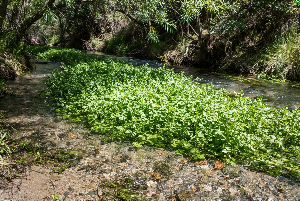 Watercress growing in a clear creek